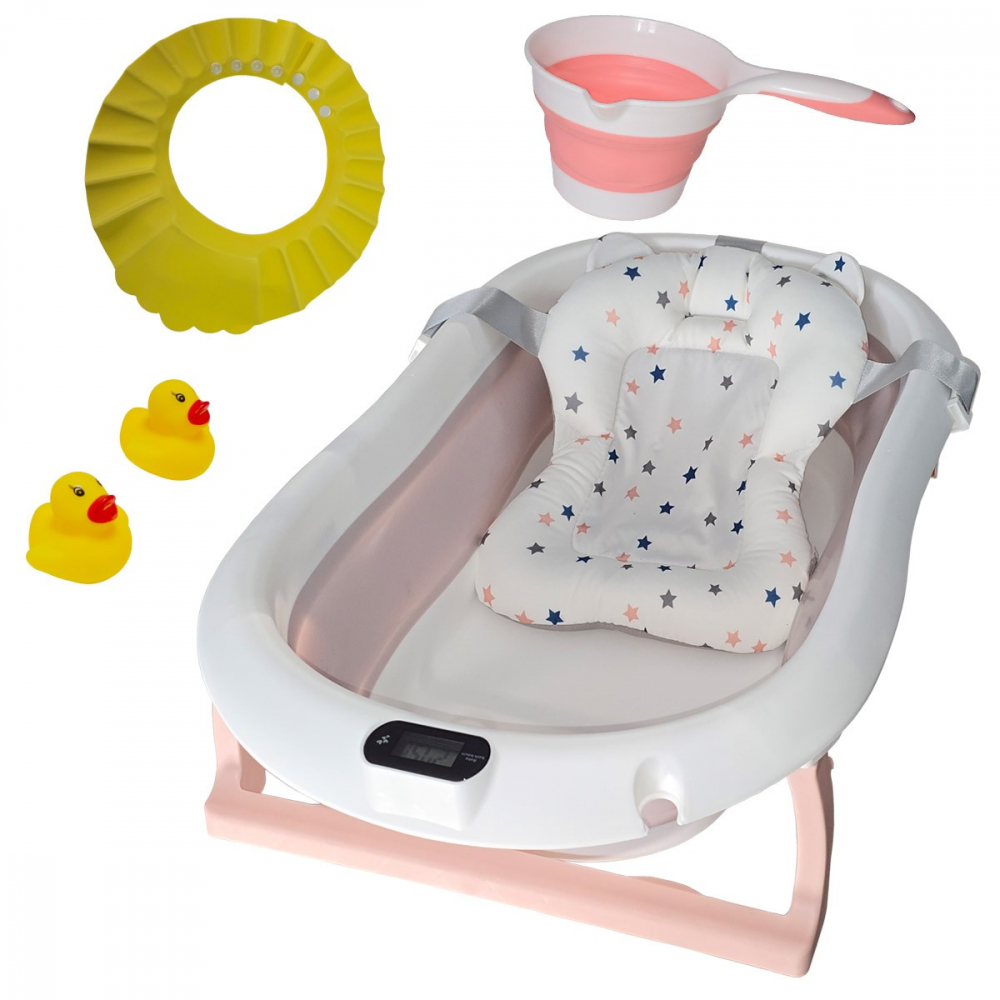 Cadita pliabila KidsCare Roz cu termometru, perna reductor, jucarii, protectie cap, cana pliabila