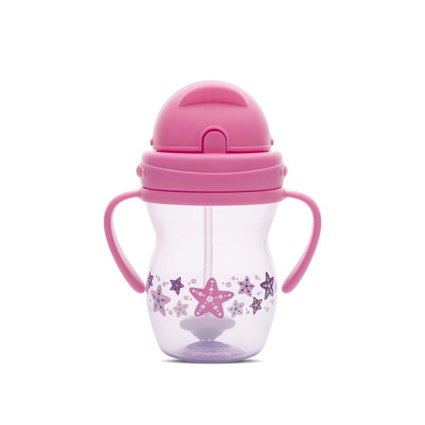 Cana cu manere si pai, anti-varsare, potrivita pentru calatorii, 12 luni+, 275 ml, Pink Purple