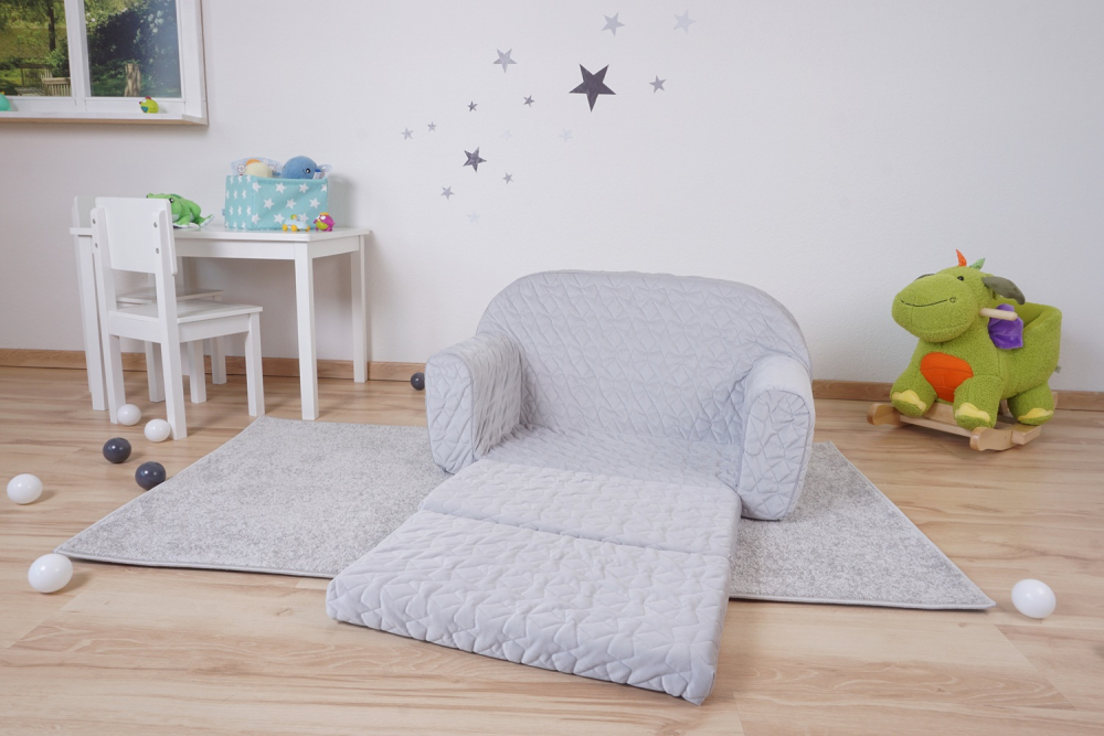 Canapea extensibila pentru copii, Knorr Toys Cosy Geo Grey matlasata, umplutura din spuma moale, husa bumbac 100 detasabila si lavabila, 77 x 34 x 42 cm, 9 luni+