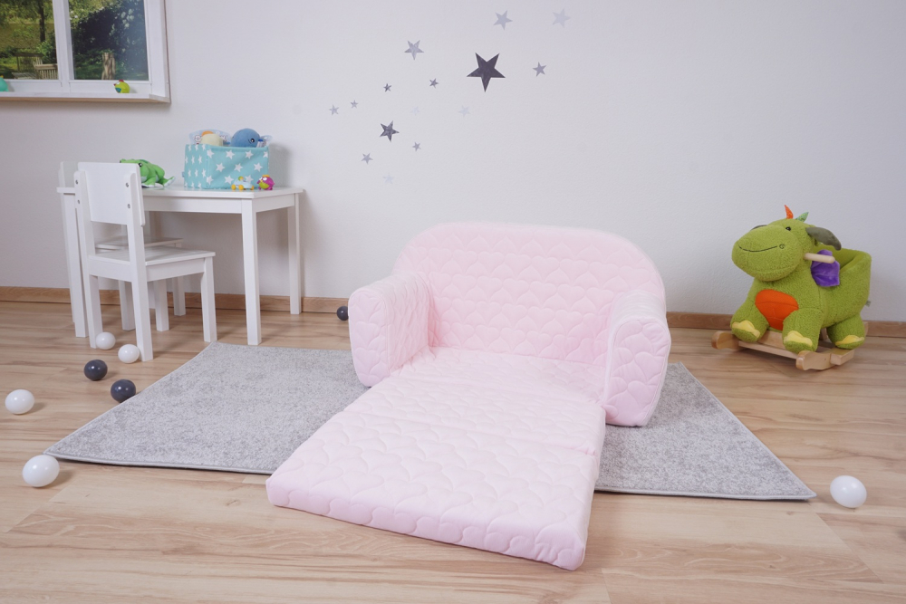Canapea extensibila pentru copii Knorr Toys Cosy Heart Rose matlasata, umplutura din spuma moale, husa bumbac 100 detasabila si lavabila, 77 x 34 x 42 cm, 9 luni+