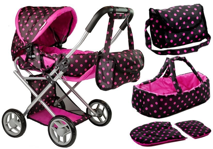 Set Carucior de papusi pentru copii Alice pink/black, dimensiune 60 x 36 x 68 cm, pliabil, cu salteluta, landou si gentuta de transport inclusa