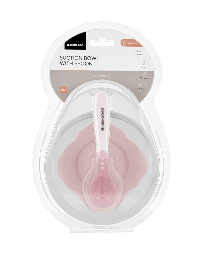 Set castron cu ventuza si lingurita KikkaBoo Pink,capacitate 250ml,fara bpa,compartiment pentru lingurita