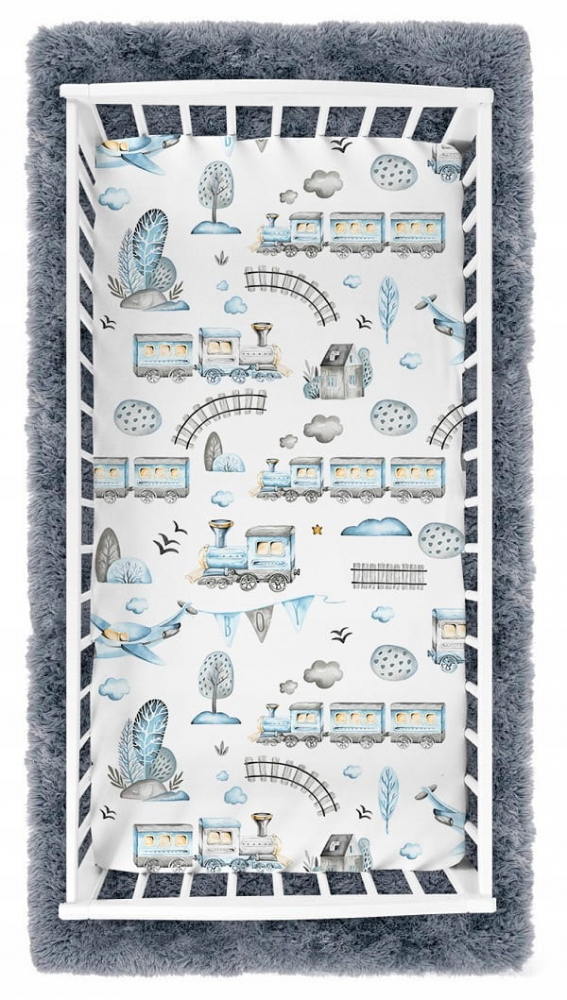 Cearceaf cu banda elastica pentru pat copii dimensiune 140 x 70cm, 100 bumbac, BabyMam retro train - 1