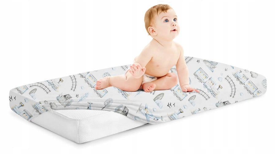 Cearceaf cu banda elastica pentru pat copii dimensiune 160 x 80 cm, 100 bumbac, BabyMam retro train - 1