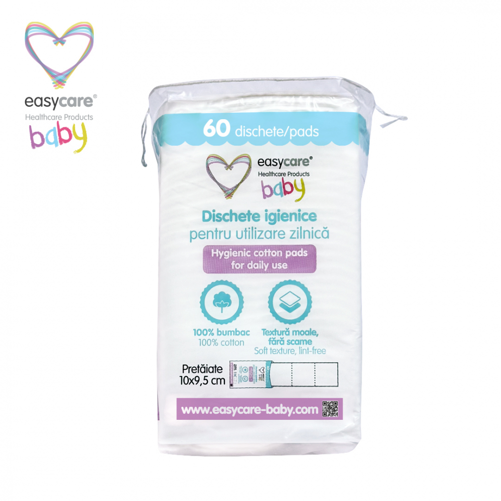 Dischete igienice patrate, pretaiate pentru bebelusi si copii 10x9,5cm 60 bucati Easycare Baby