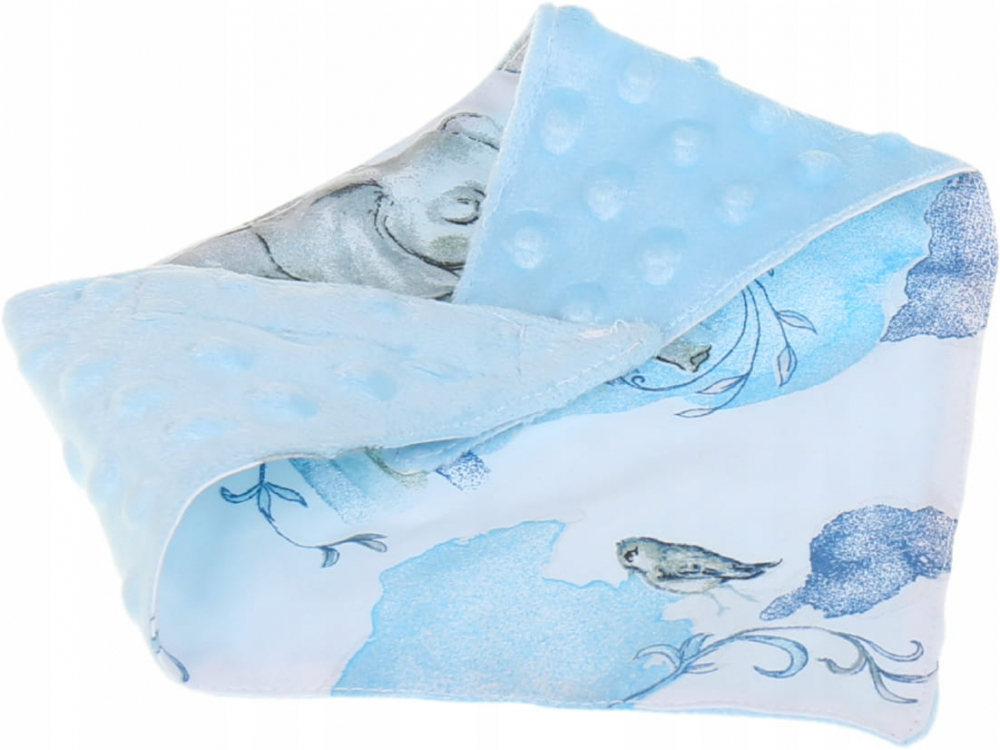 Esarfa moale pentru copii BabyMam, forma triunghiulara, sistem de prindere reglabil cu velcro moale, design 2-in-1 cu o fata din bumbac si una din minky blue