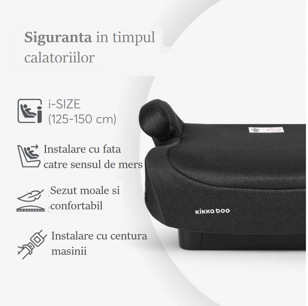 Inaltator auto KikkaBoo i-Go i-Size Black 125-150 cm, sezut confortabil, centura de ghidaj, fixare cu centura masinii, husa detasabila, certificat R12903 de catre TUV SUD - 2 | YEO