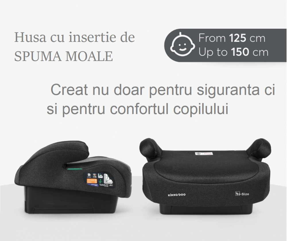 Inaltator auto KikkaBoo i-Go i-Size Black 125-150 cm, sezut confortabil, centura de ghidaj, fixare cu centura masinii, husa detasabila, certificat R12903 de catre TUV SUD - 3 | YEO
