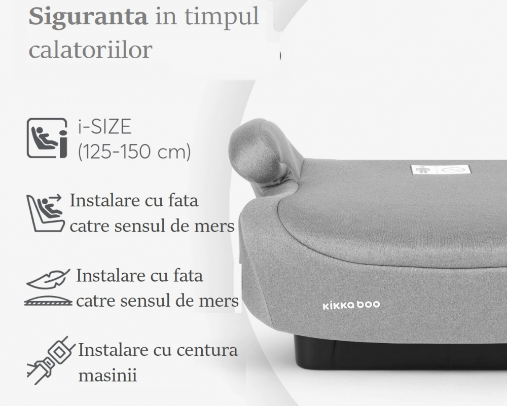 Inaltator auto KikkaBoo i-Go i-Size Dark Grey 125-150 cm, sezut confortabil, centura de ghidaj, fixare cu centura masinii, husa detasabila, certificat R12903 de catre TUV SUD - 3