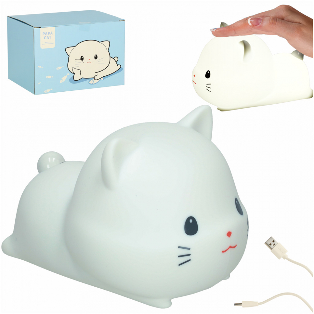 Lampa de noptiera pentru copii white Kitty, realizata din silicon, cu 2 moduri de iluminare, cronometru, baterie 1200 mAh, usb, dimensiune 15 x 11 x 10 cm