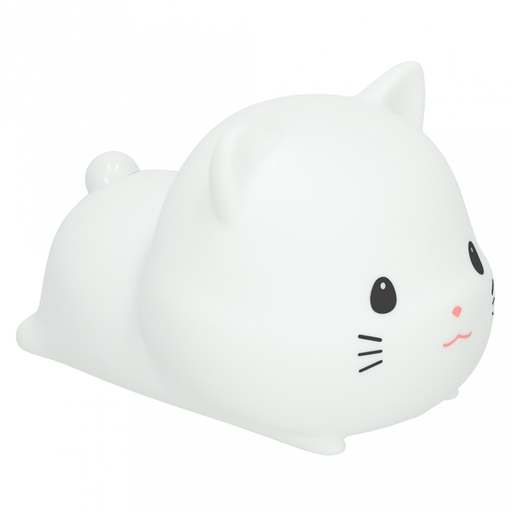 Lampa de noptiera pentru copii white Kitty, realizata din silicon, cu 2 moduri de iluminare, cronometru, baterie 1200 mAh, usb, dimensiune 15 x 11 x 10 cm