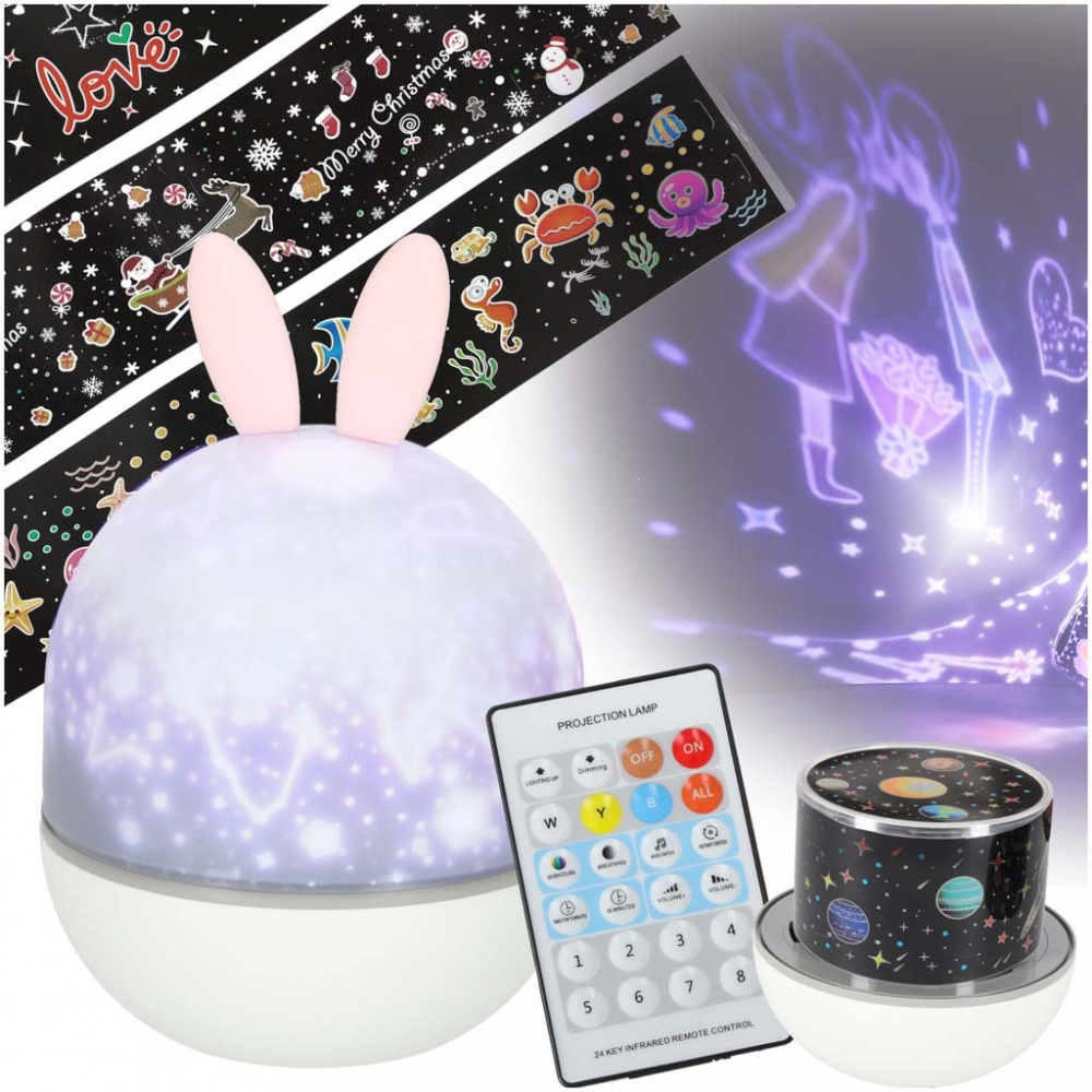 Lampa de veghe pentru copii Rabbit, dimensiune 12 x 16.5 cm, rotativa, cu telecomanda, 6 melodii tematice, lumina led si 6 seturi de folii interschimbabile - 13