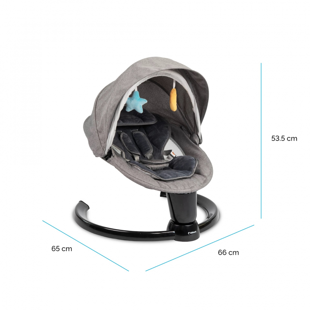 Leagan electric cu 5 moduri de balansare pentru copii Kidnort Drom Grey, miscare lenta laterala, cu telecomanda, muzica, conectare bluetoothusb, accesorii incluse, cadru solid din otel, dimensiune 66 x 65 x 53.5 cm - 4 | YEO