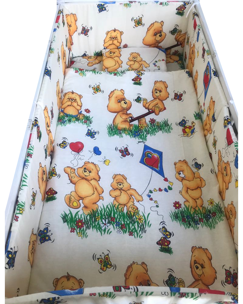 Lenjerie de pat 3 piese cu cearceaf plapumioara si pernuta slim 140x70 cm Croitoria Noastra Ursuleti pe galben