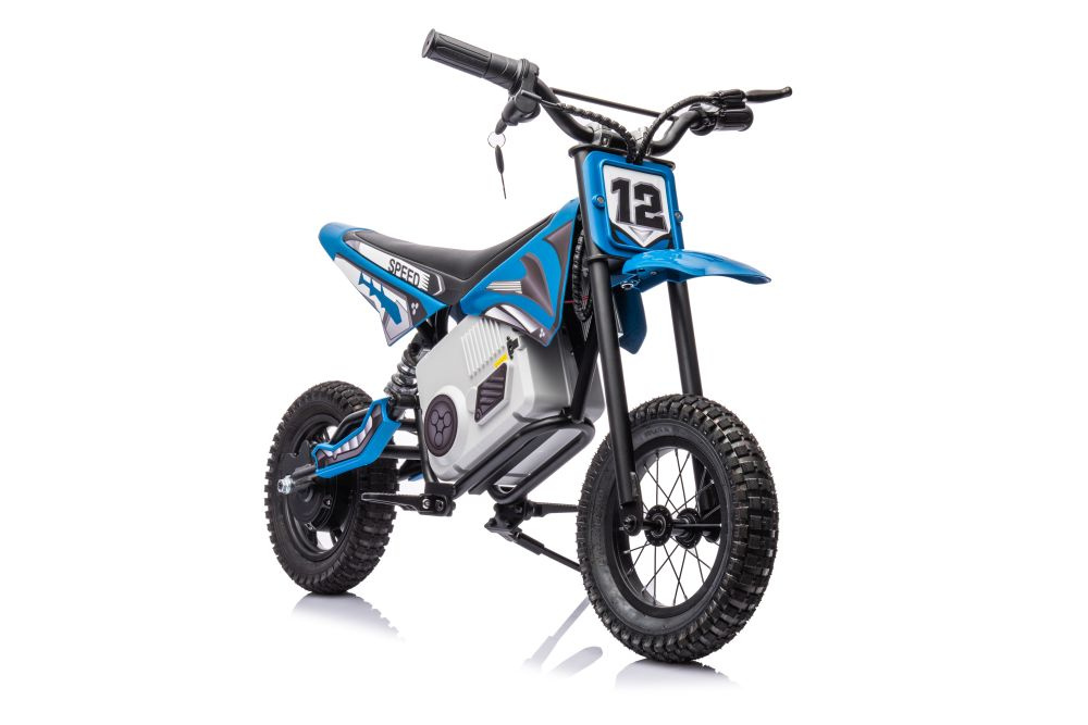 Motocicleta electrica pentru copii A9901 Blue cu suspensii, roti pneumatice, motor de 350W, baterie de 2x18V9Ah, viteza 8-15 kmh, franare automata la eliberarea pedalei de acceleratie
