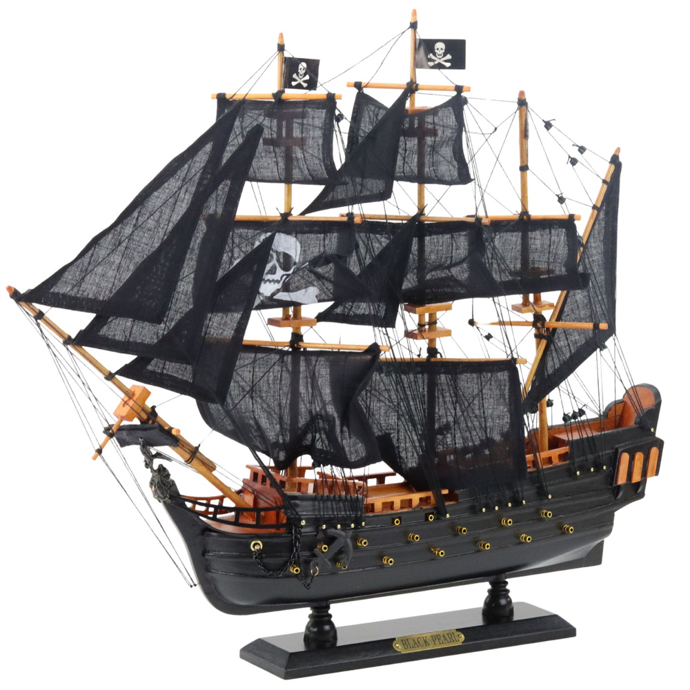 Nava decorativa de colectie, LeanToys Black Pearl, realizata din lemn, cu vele si trei catarge din epoca piratilor, dimensiune 49 x 43 x 9.5 cm - 1