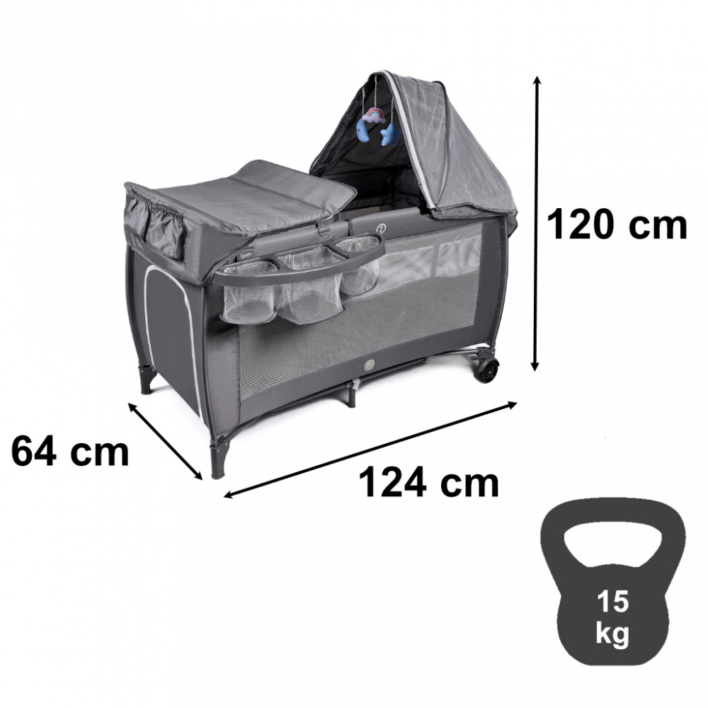 Patut de calatorie multifunctional pentru copii, pliabil, pe doua nivele, cadru stabil din aluminiu, accesorii incluse, cu saltea 60 x 120 x 1cm si geanta de depozitare inclusa