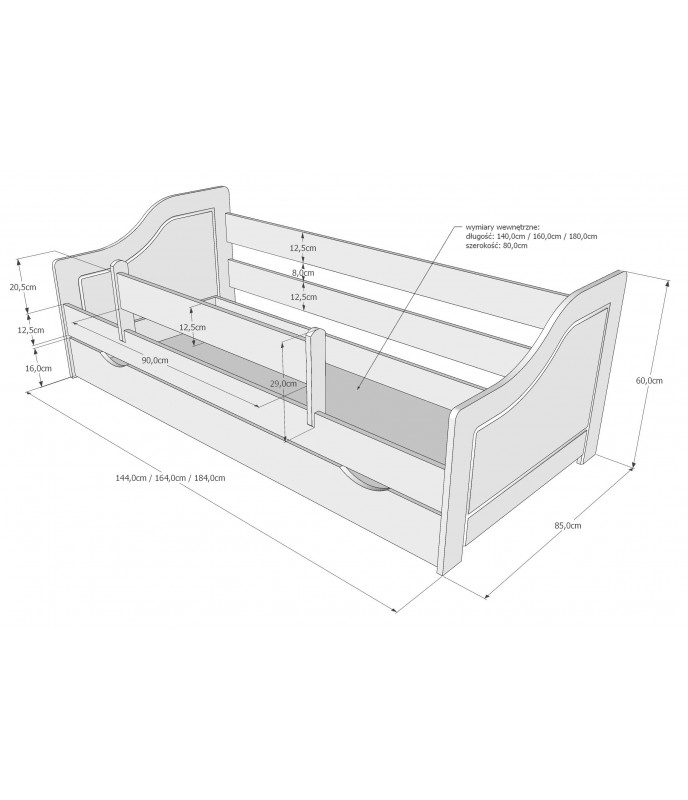 Patut din lemn si MDF Nichiduta Lili Alb 140x80 cm + bariera de siguranta 90 cm,margini rotunjite,materiale si vopsele sigure pentru copii