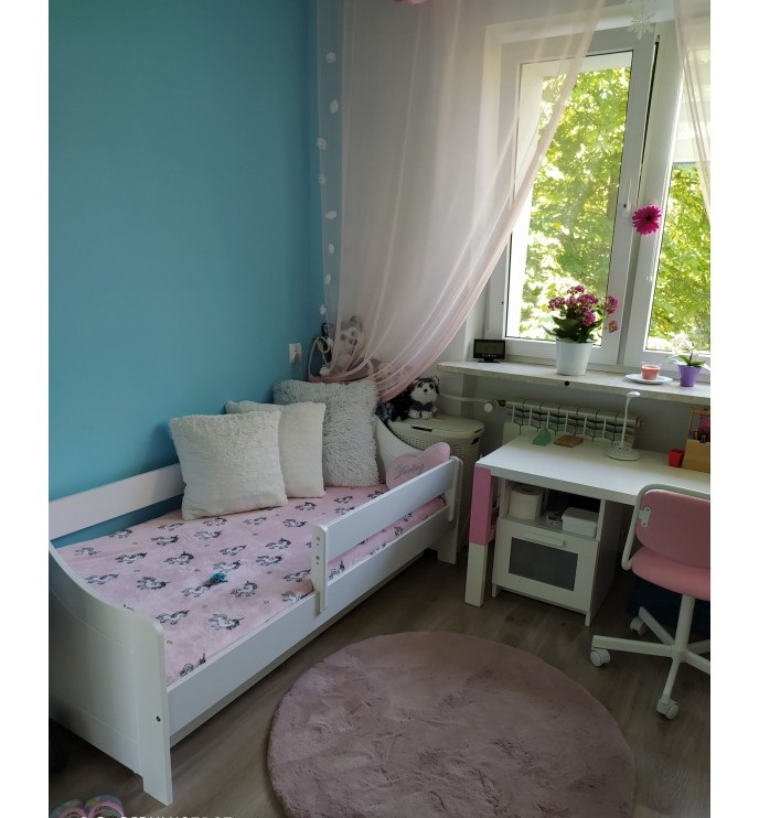 Patut din lemn si MDF Nichiduta Lili Alb 140x80 cm + bariera de siguranta 90 cm,margini rotunjite,materiale si vopsele sigure pentru copii - 1