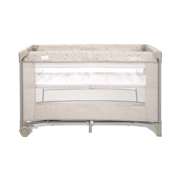 Patut pliabil pentru copii Lorelli Carina Beige Stars, 2 nivele, deschidere laterala cu fermoar, prevazut cu roti cu frana