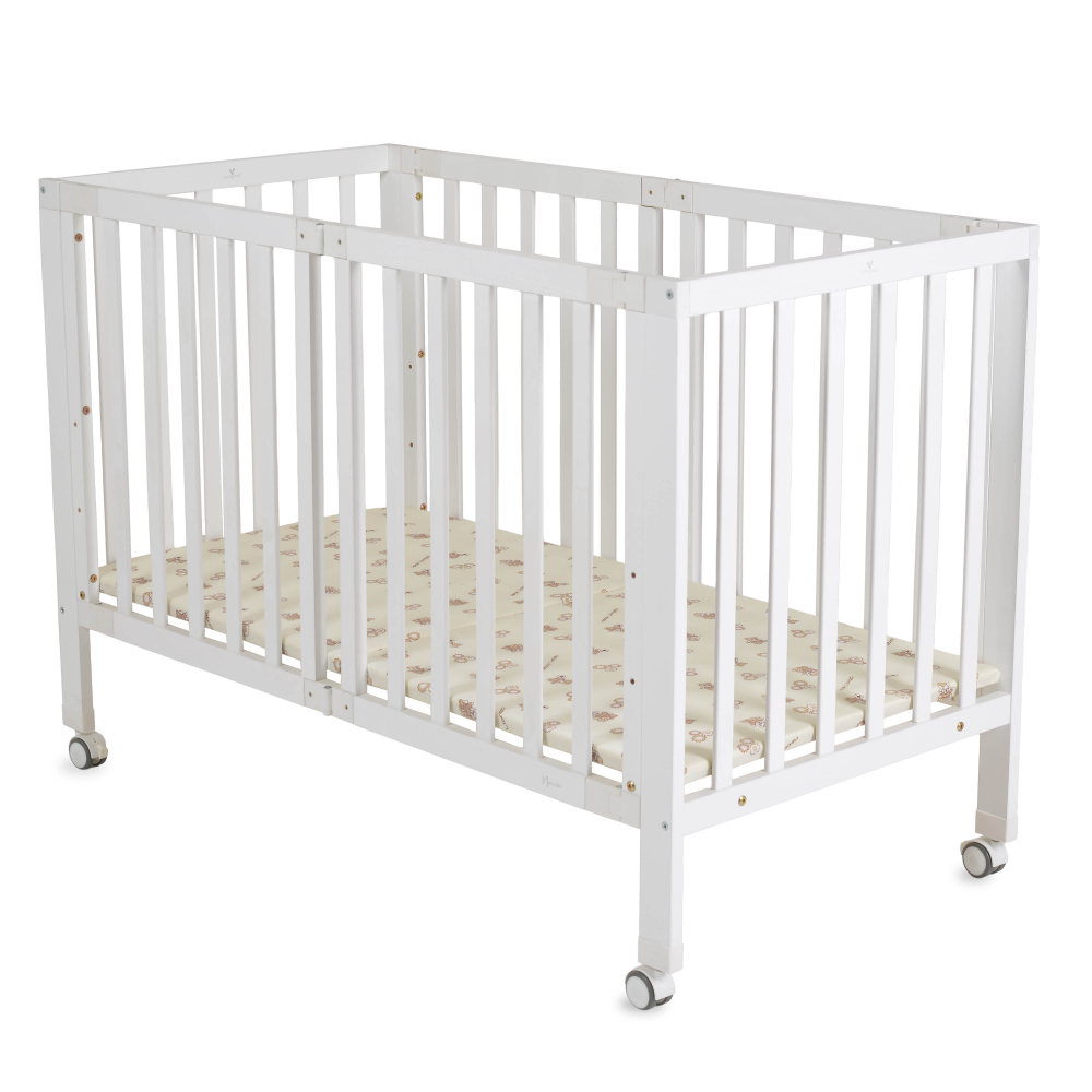 Patut pliabil din lemn pentru copii Cangaroo Nova 124.5x65x86 cm, somiera reglabila pe 3 nivele de inaltime, 4 roti cu sistem de blocare, materiale si vopsele sigure