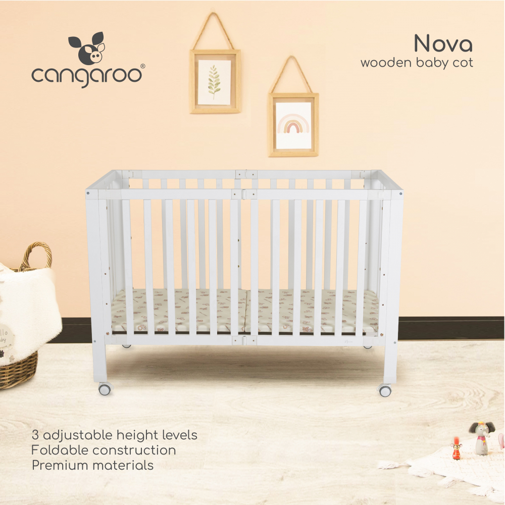 Patut pliabil din lemn pentru copii Cangaroo Nova 124.5x65x86 cm, somiera reglabila pe 3 nivele de inaltime, 4 roti cu sistem de blocare, materiale si vopsele sigure - 1 | YEO