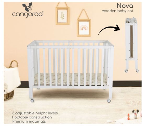 Patut pliabil din lemn pentru copii Cangaroo Nova 124.5x65x86 cm, somiera reglabila pe 3 nivele de inaltime, 4 roti cu sistem de blocare, materiale si vopsele sigure - 2