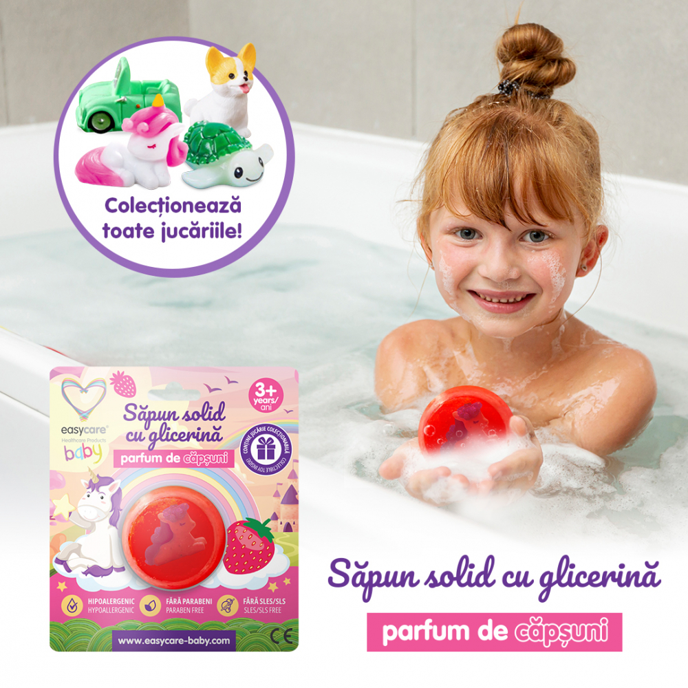 Sapun solid cu glicerina si jucarie pentru copii, parfum capsuni 100g Easycare Baby