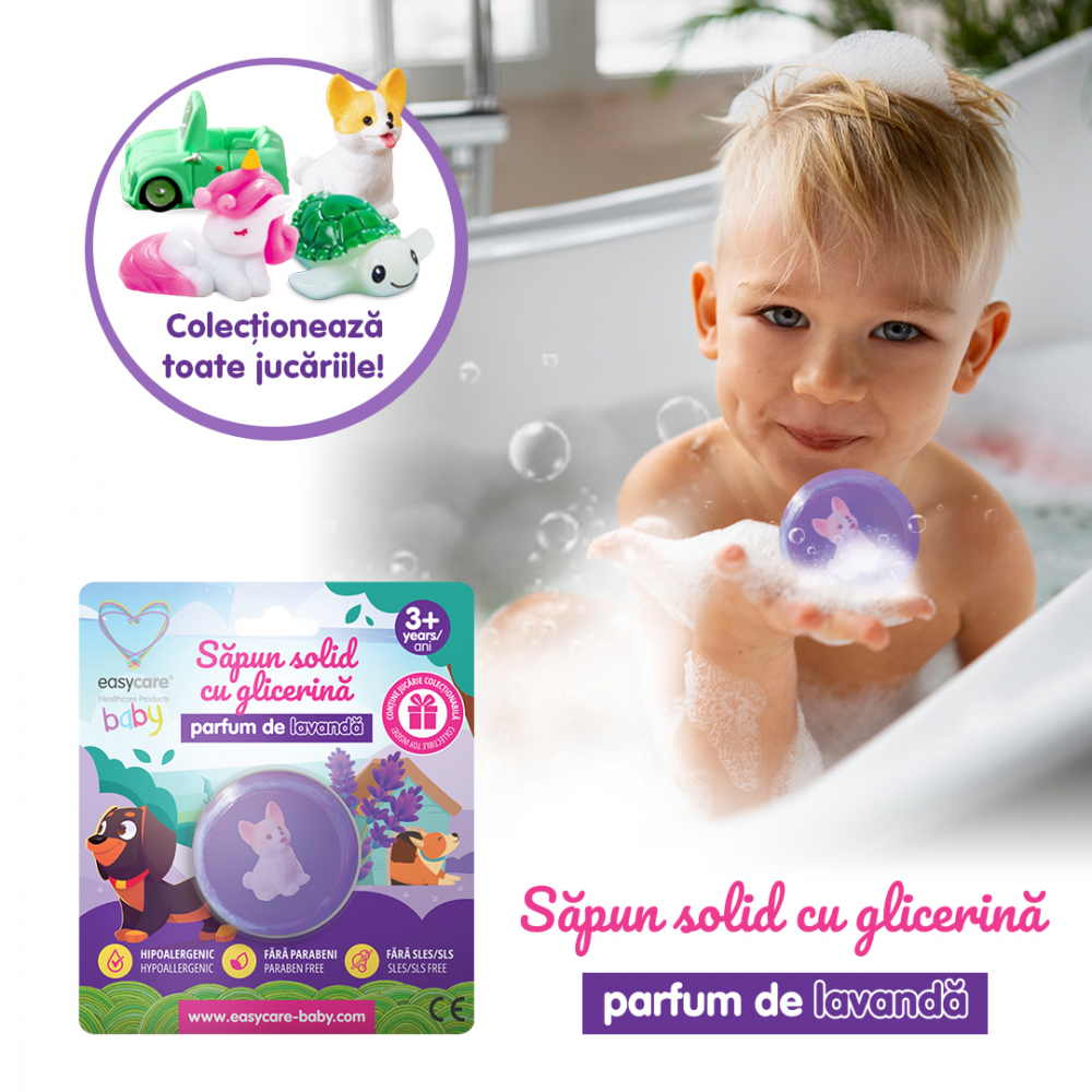 Sapun solid cu glicerina si jucarie pentru copii, parfum lavanda 100g Easycare Baby