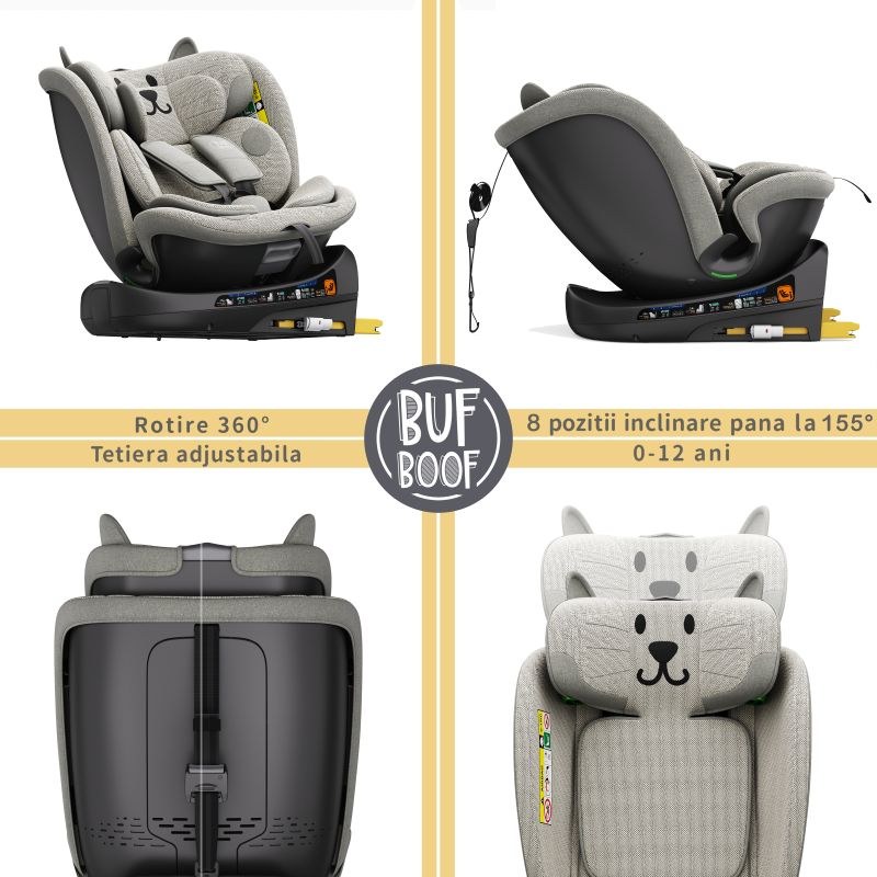 Scaun auto Buf Boof B-Joy Deluxe LightGreyCat iSize cu isofix, pozitie somn 155 grade, rotativ 360 grade, 40-150 cm - 2