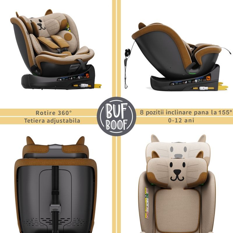 Scaun auto Buf Boof B-Joy Deluxe OrangeCat iSize cu isofix, pozitie somn 155 grade, rotativ 360 grade, 40-150 cm - 3