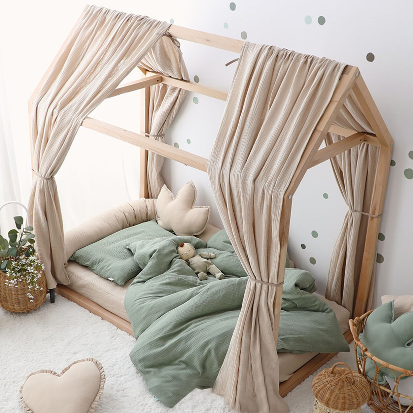 Set 2 baldachine muselina pentru pat tip casuta, Little Amy, Bej, 2x280 cm pentru pat 70x140 cm