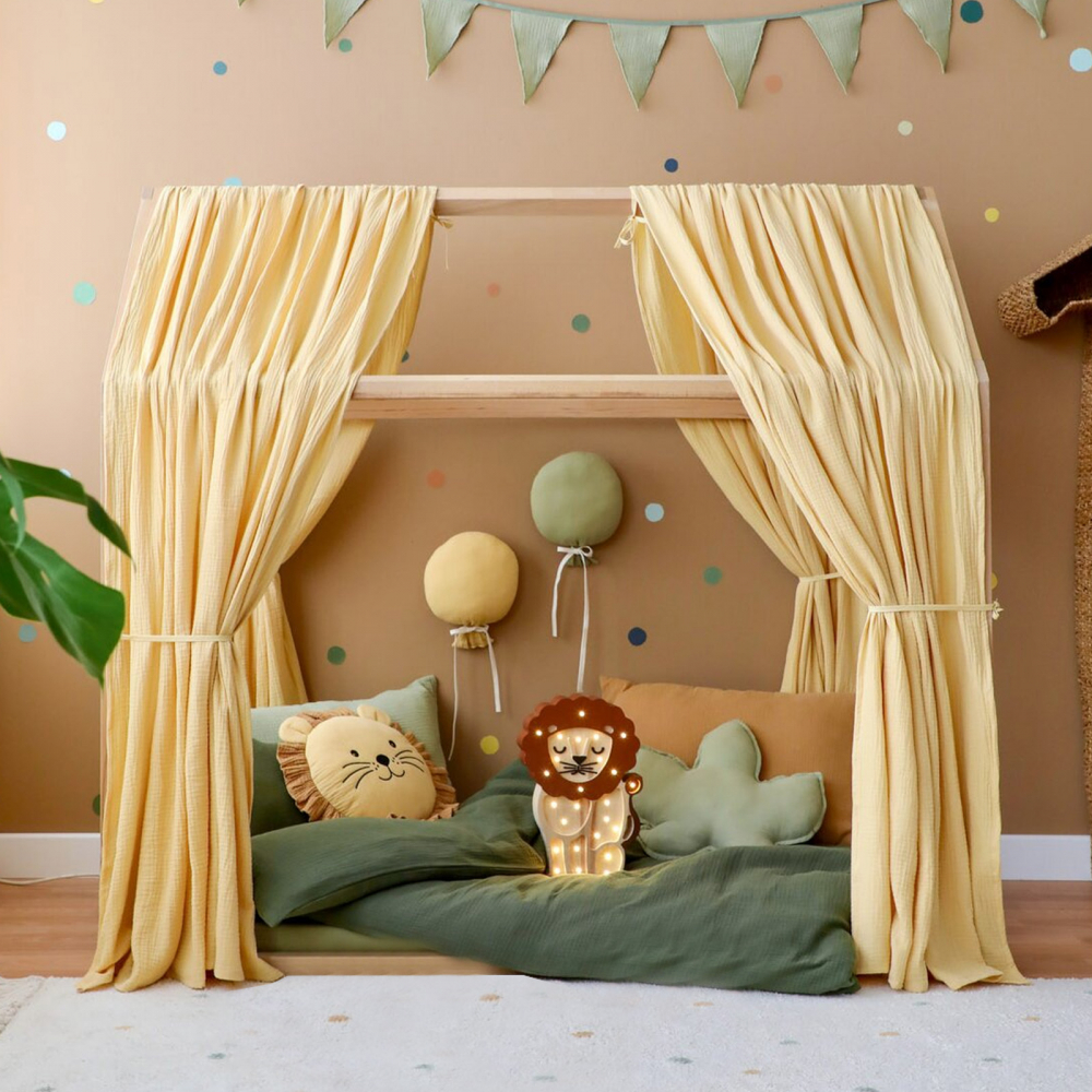 Set 2 baldachine muselina pentru pat tip casuta, Little Amy, Galben, 2x330 cm pentru pat 100x180 cm