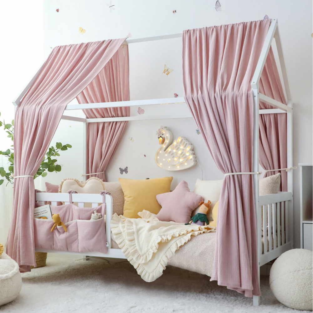 Set 2 baldachine muselina pentru pat tip casuta, Little Amy, Mov deschis, 2x280 cm pentru pat 70x140 cm