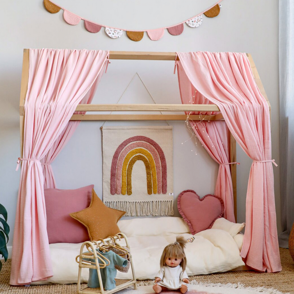 Set 2 baldachine muselina pentru pat tip casuta, Little Amy, Roz, 2x280 cm pentru pat 70x140 cm