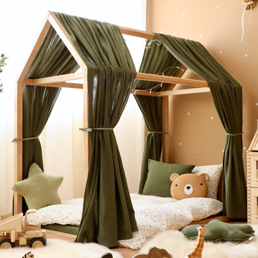 Set 2 baldachine muselina pentru pat tip casuta, Little Amy, Verde, 2x315 cm pentru pat 90x200 cm