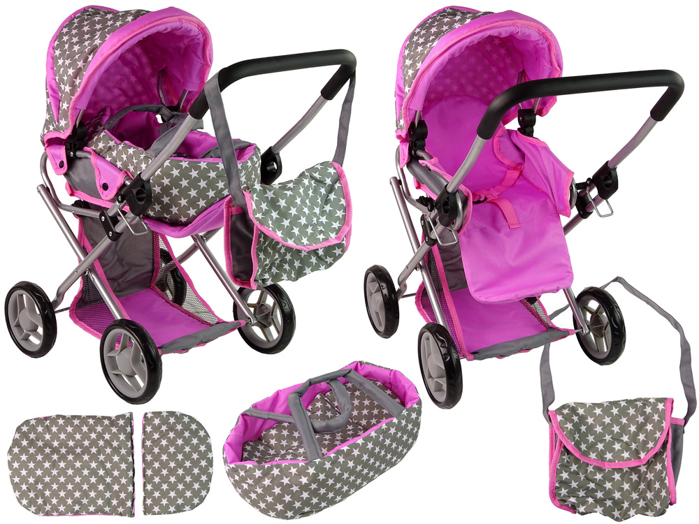Set Carucior de papusi pentru copii Alice pink/grey, dimensiune 60 x 36 x 68 cm, pliabil, cu salteluta, landou si gentuta de transport inclusa