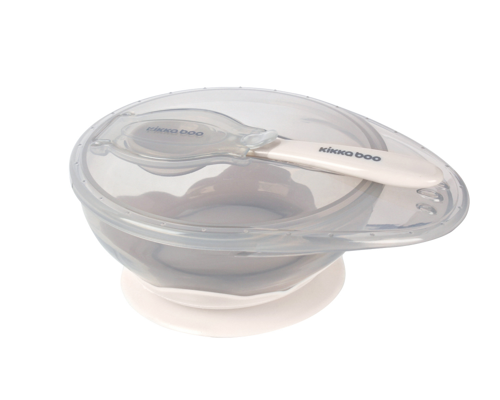 Set castron cu ventuza si lingurita KikkaBoo Beige,capacitate 250ml,fara bpa,compartiment pentru lingurita