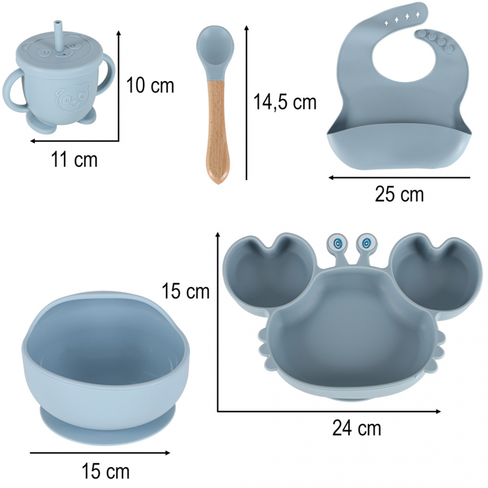 Set complet de hranire copii, Ikonka, cu 9 piese din silicon, pentru diversificare hrana, bleumarin Crab