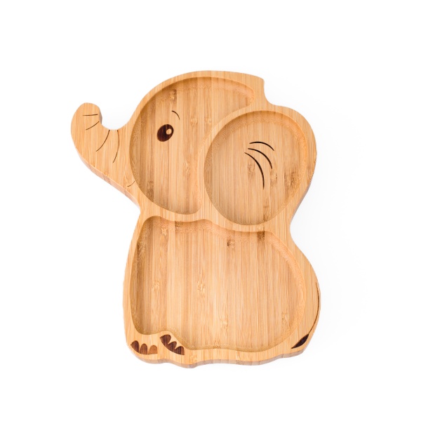 Set diversificare pentru copii Castron, farfurie elefant din bambus cu lingurita, cana cu pai si baveta Oaki Galben
