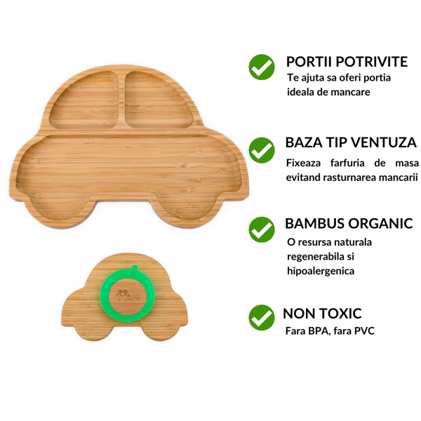 Set diversificare pentru copii Castron, farfurie masinuta din bambus cu lingurita, cana cu pai si baveta Oaki Galben - 1 | YEO