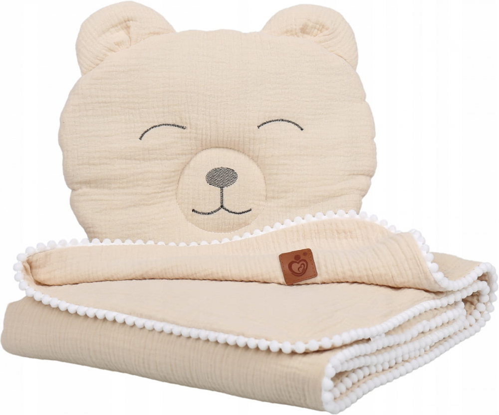 Set paturica 73x96 cm si perna 31x24 cm pentru copii Babymam, din muselina cu structura aerisita, model beige Teddybear - 1