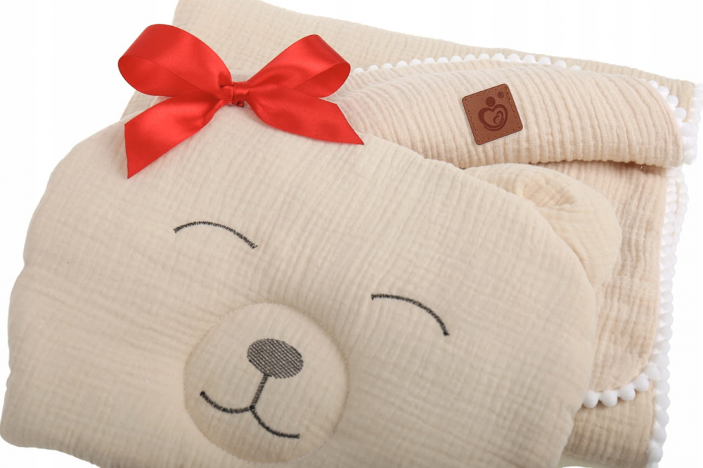 Set paturica 73x96 cm si perna 31x24 cm pentru copii Babymam, din muselina cu structura aerisita, model beige Teddybear - 4