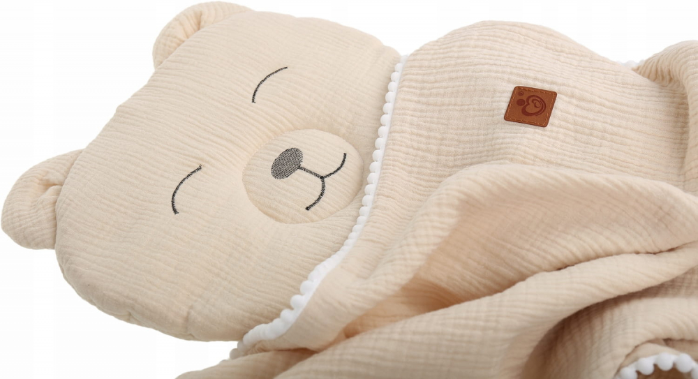 Set paturica 73x96 cm si perna 31x24 cm pentru copii Babymam, din muselina cu structura aerisita, model beige Teddybear - 5