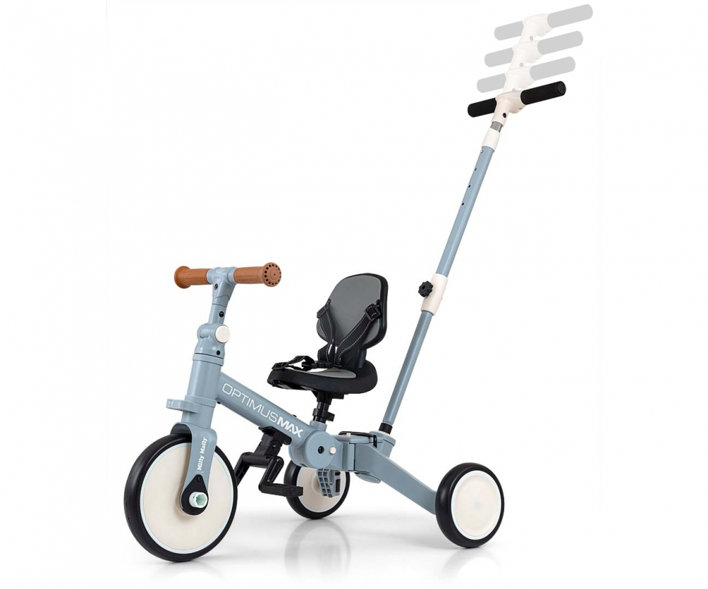 Tricicleta pentru copii Milly Mally Optimus Max Denim 5 in 1 reglabila, maner parental, roti din spuma, varsta 12 luni+