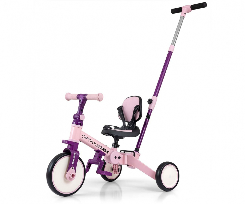 Tricicleta pentru copii Milly Mally Optimus Max Pink 5 in 1 reglabila, maner parental, roti din spuma, varsta 12 luni+ - 3 | YEO