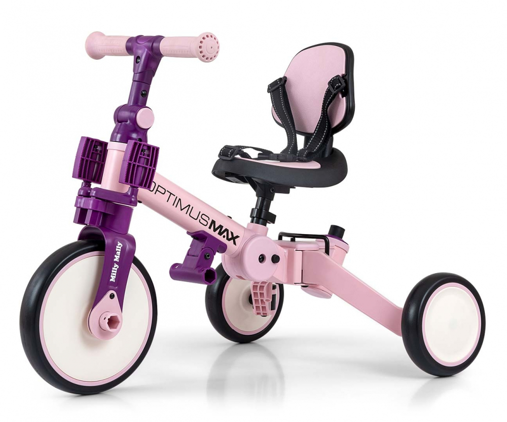Tricicleta pentru copii Milly Mally Optimus Max Pink 5 in 1 reglabila, maner parental, roti din spuma, varsta 12 luni+ - 1 | YEO