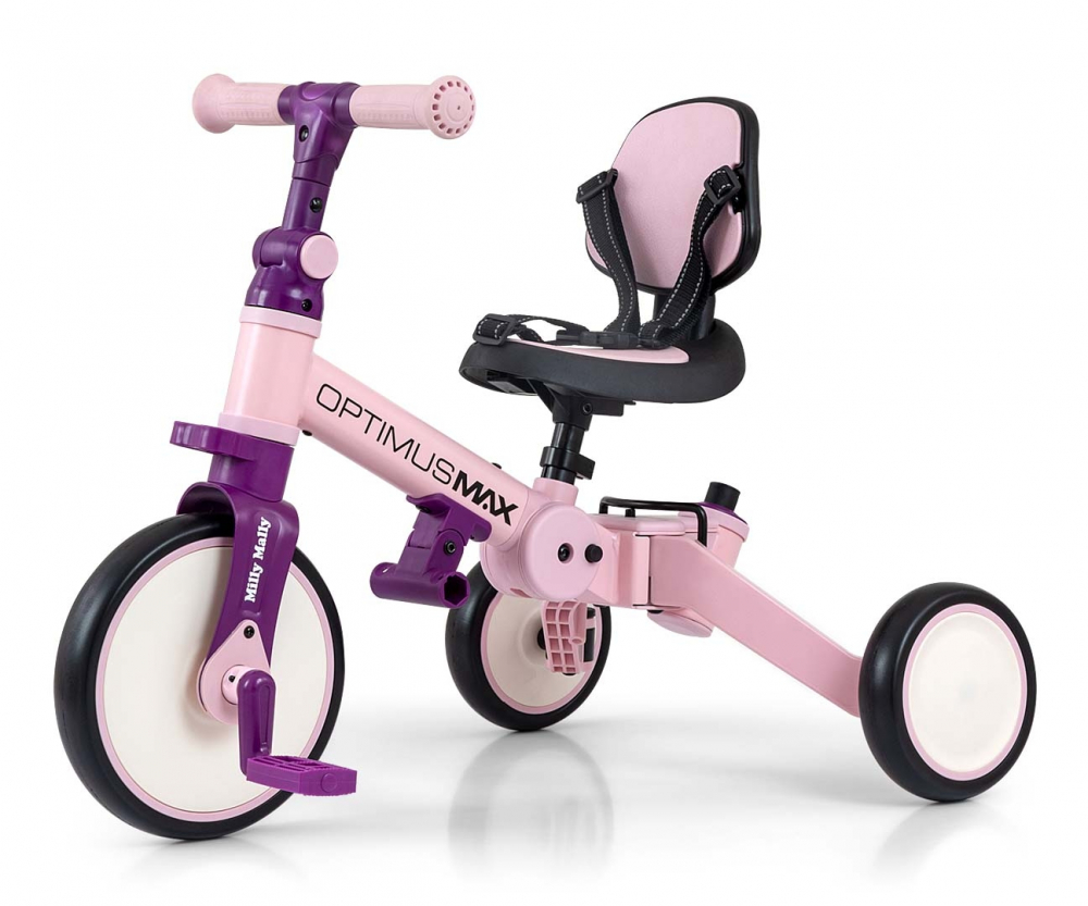 Tricicleta pentru copii Milly Mally Optimus Max Pink 5 in 1 reglabila, maner parental, roti din spuma, varsta 12 luni+ - 2 | YEO