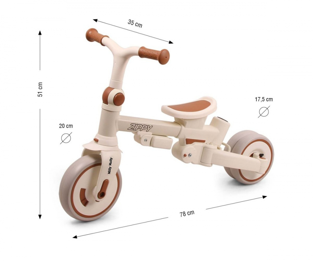 Tricicleta pentru copii Milly Mally Zippy Beige 5 in 1 pliabila, sezut rotativ, maner parental, roti din spuma, 12 luni+ - 2 | YEO