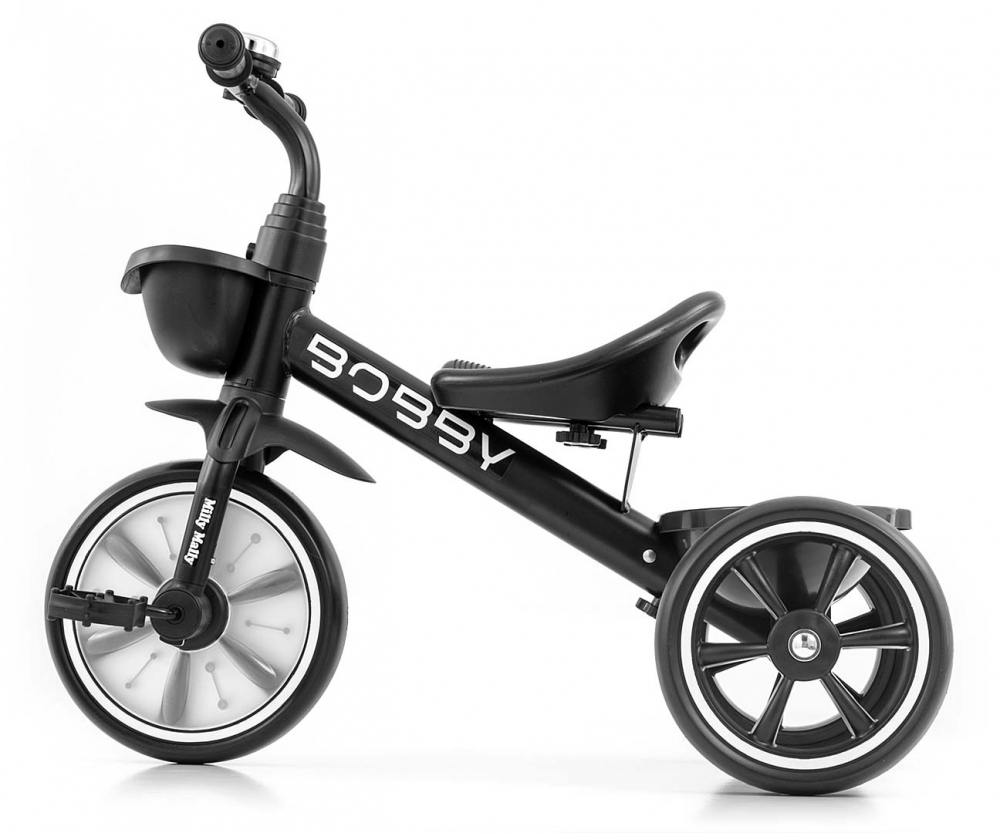 Tricicleta pentru copii Milly Mally Bobby Black cu cadru robust din otel, roti Eva, +24 luni